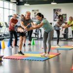 Diverse adult learners doing gentle stretching and balance exercises on foam mats in a bright gym with simple PE equipment nearby.