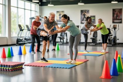 Diverse adult learners doing gentle stretching and balance exercises on foam mats in a bright gym with simple PE equipment nearby.