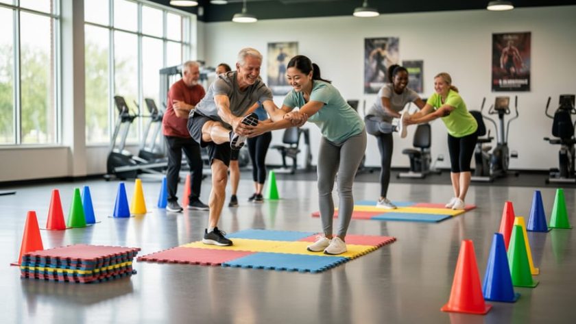 Diverse adult learners doing gentle stretching and balance exercises on foam mats in a bright gym with simple PE equipment nearby.