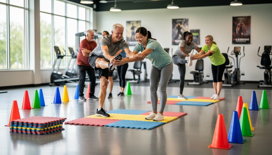 Diverse adult learners doing gentle stretching and balance exercises on foam mats in a bright gym with simple PE equipment nearby.