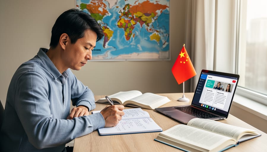 Adult studying English with notebook open in a warmly lit room