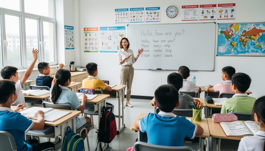 An English teacher holds colorful flashcards in a bright classroom with students blurred in the background