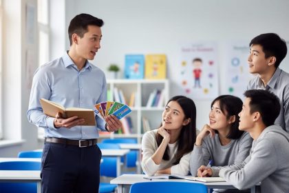 A Canadian English teacher stands in a bright classroom helping Chinese students learn with an open notebook and flashcards.