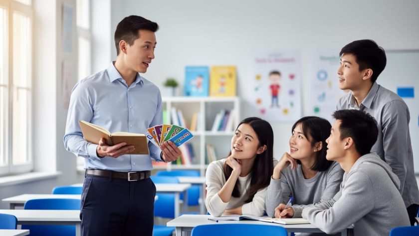 A Canadian English teacher stands in a bright classroom helping Chinese students learn with an open notebook and flashcards.