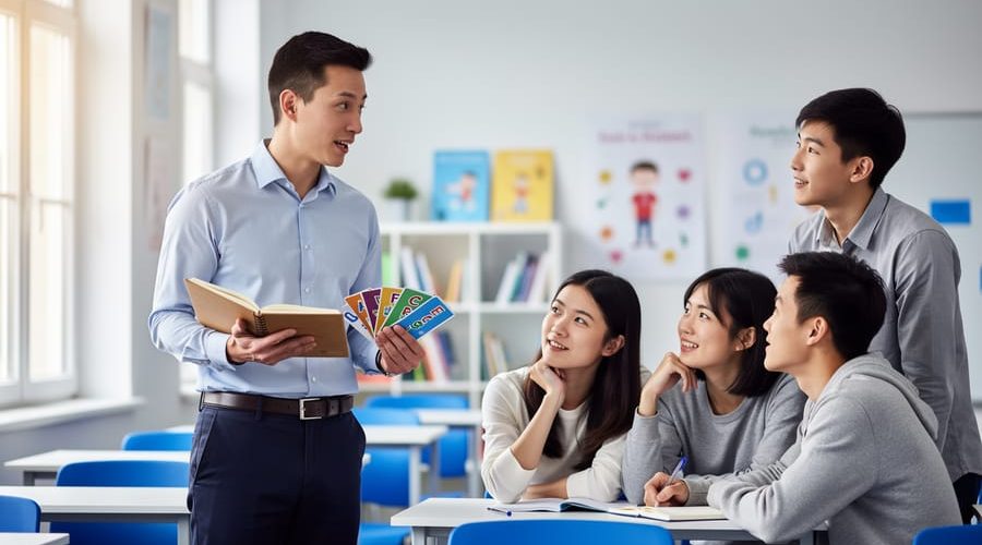 A Canadian English teacher stands in a bright classroom helping Chinese students learn with an open notebook and flashcards.