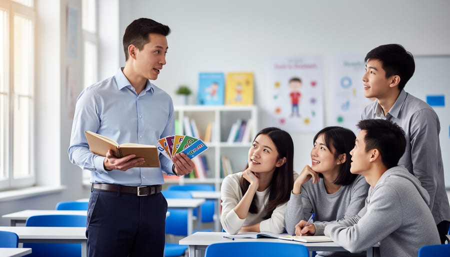 A Canadian English teacher stands in a bright classroom helping Chinese students learn with an open notebook and flashcards.