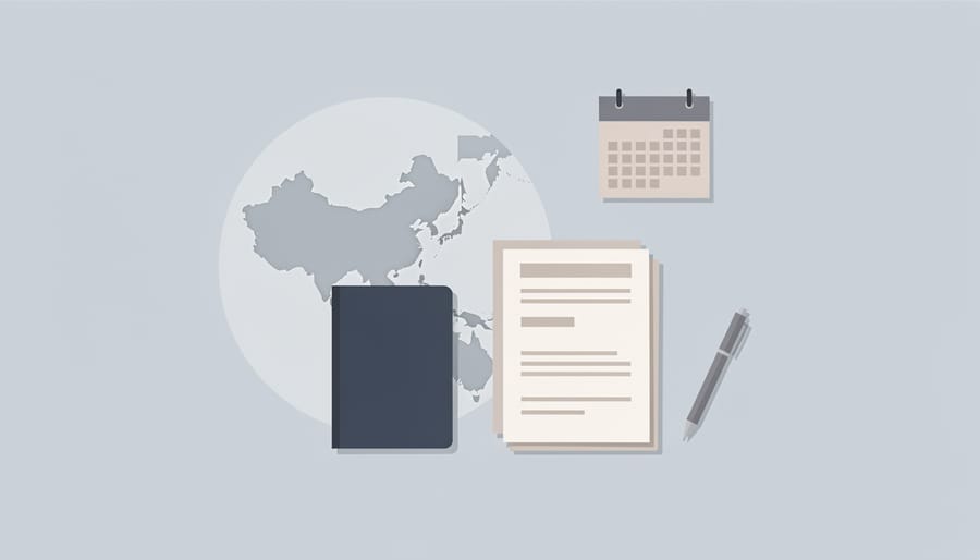 Passport and neatly arranged documents on a wooden desk